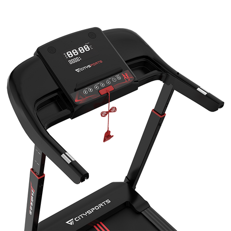 CITYSPORTS WP16 treadmill console, handrails and safety key close-up