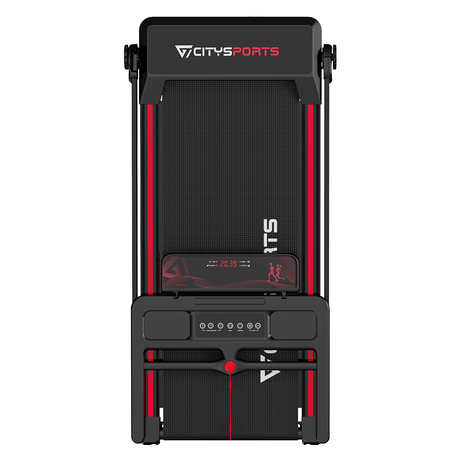 CITYSPORTS WP9 folding treadmill, overhead view of running deck and console