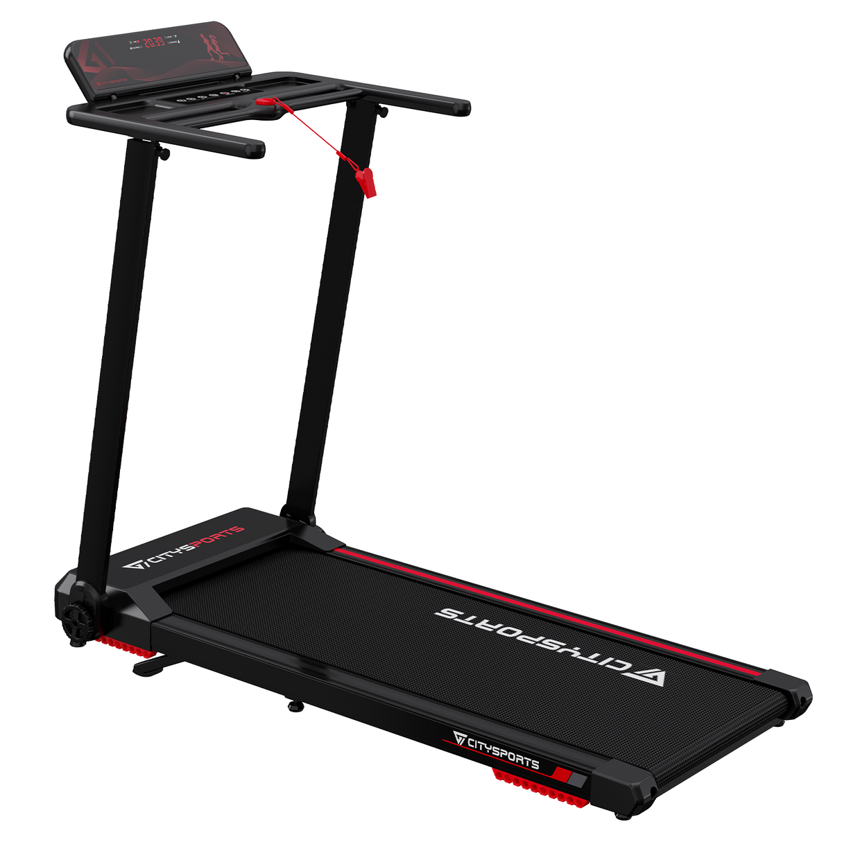 CITYSPORTS WP9 folding treadmill with handrail raised, front three-quarter view
